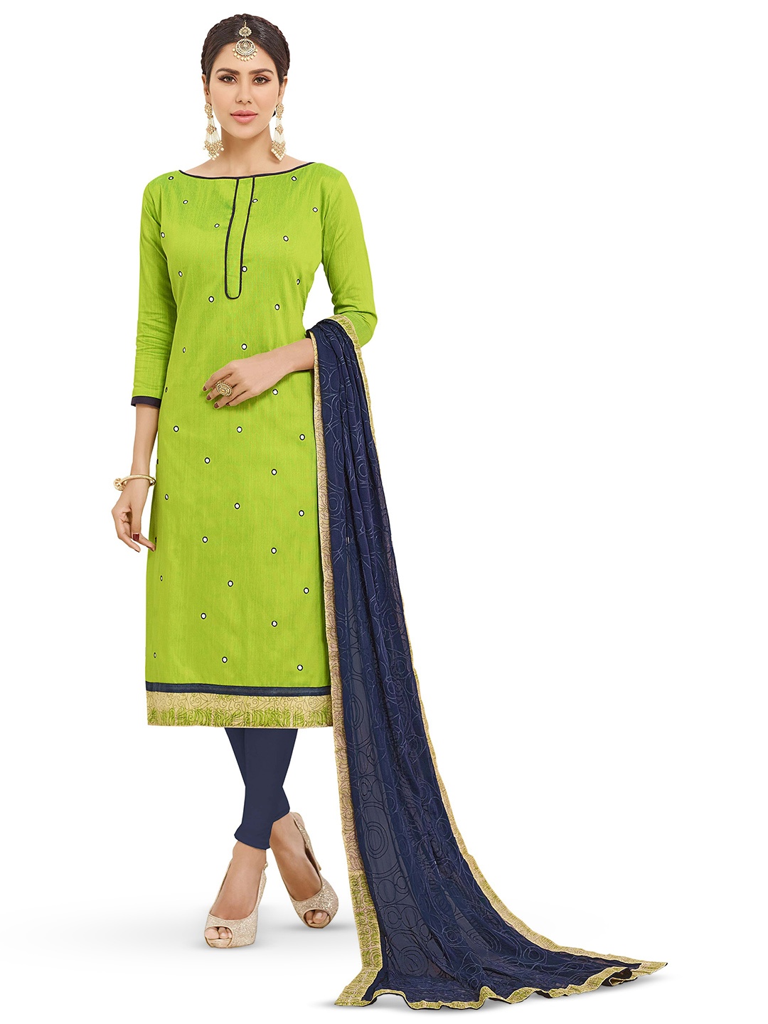 

MANVAA Geometric Embroidered Mirror Work Detailed Unstitched Dress Material, Green
