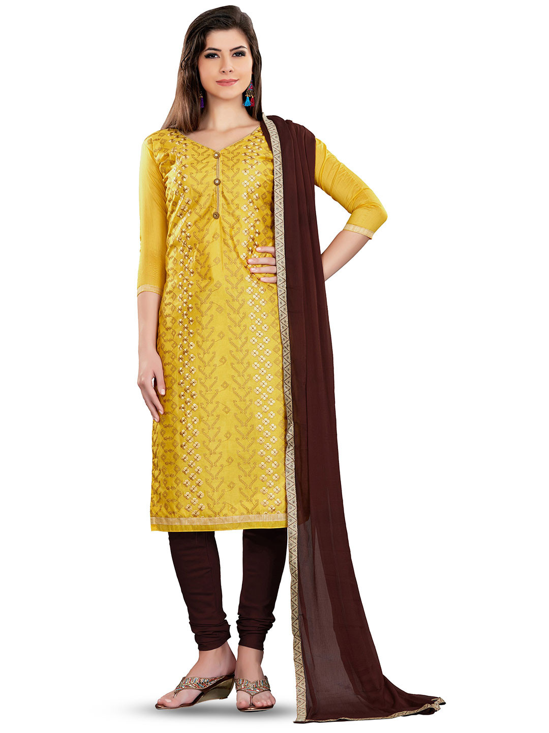 

MANVAA Ethnic Motifs Embroidered Thread Work Modal Chanderi Unstitched Dress Material, Mustard