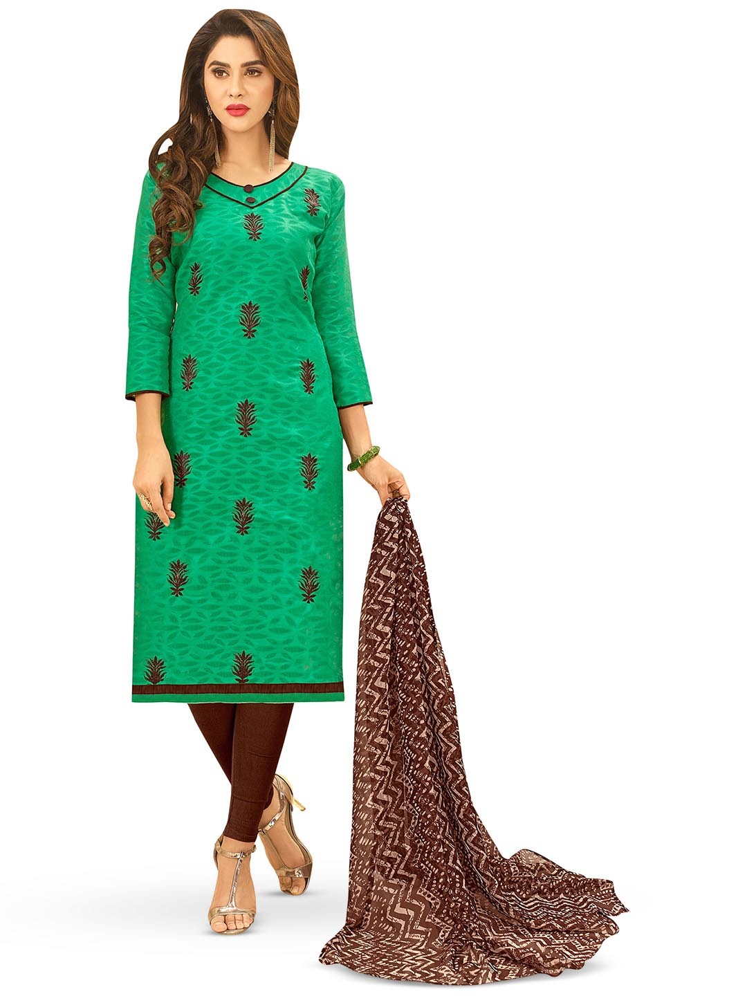

MANVAA Ethnic Motifs Embroidered Thread Work Detailed Unstitched Dress Material, Green