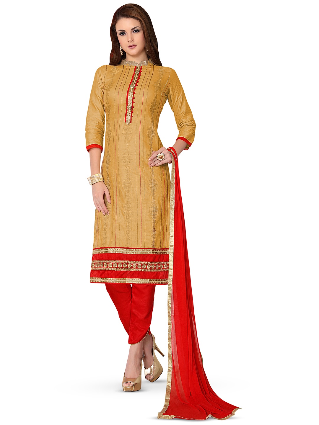 

MANVAA Striped Gotta Patti Detailed Unstitched Dress Material, Beige