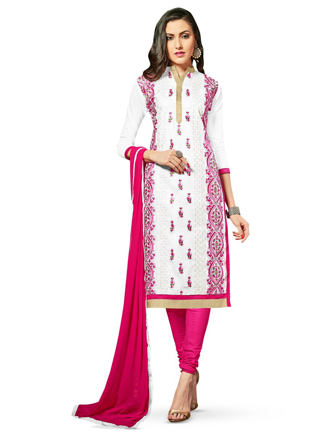 

MANVAA Ethnic Motifs Embroidered Thread Work Detailed Unstitched Dress Material, White