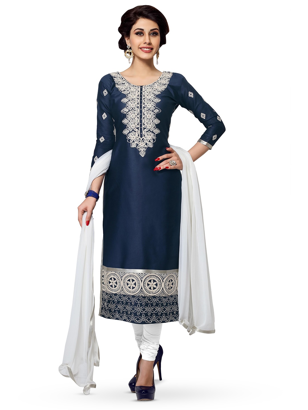 

MANVAA Floral Embroidered Unstitched Dress Material, Blue