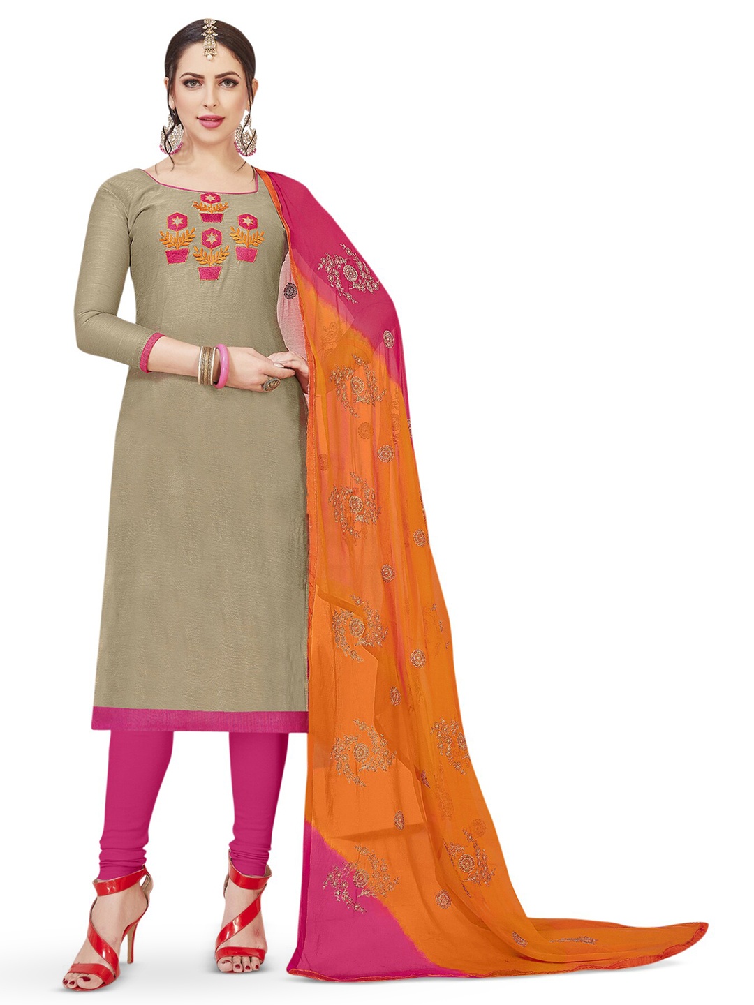 MANVAA Floral Embroidered Unstitched Dress Material, Grey
