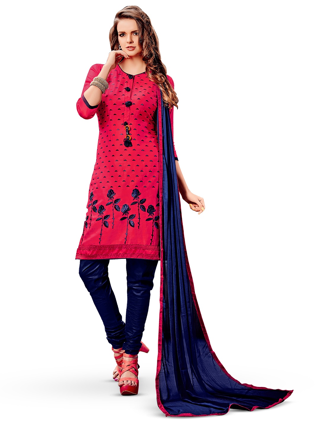 

MANVAA Ethnic Motifs Embroidered Unstitched Dress Material, Pink