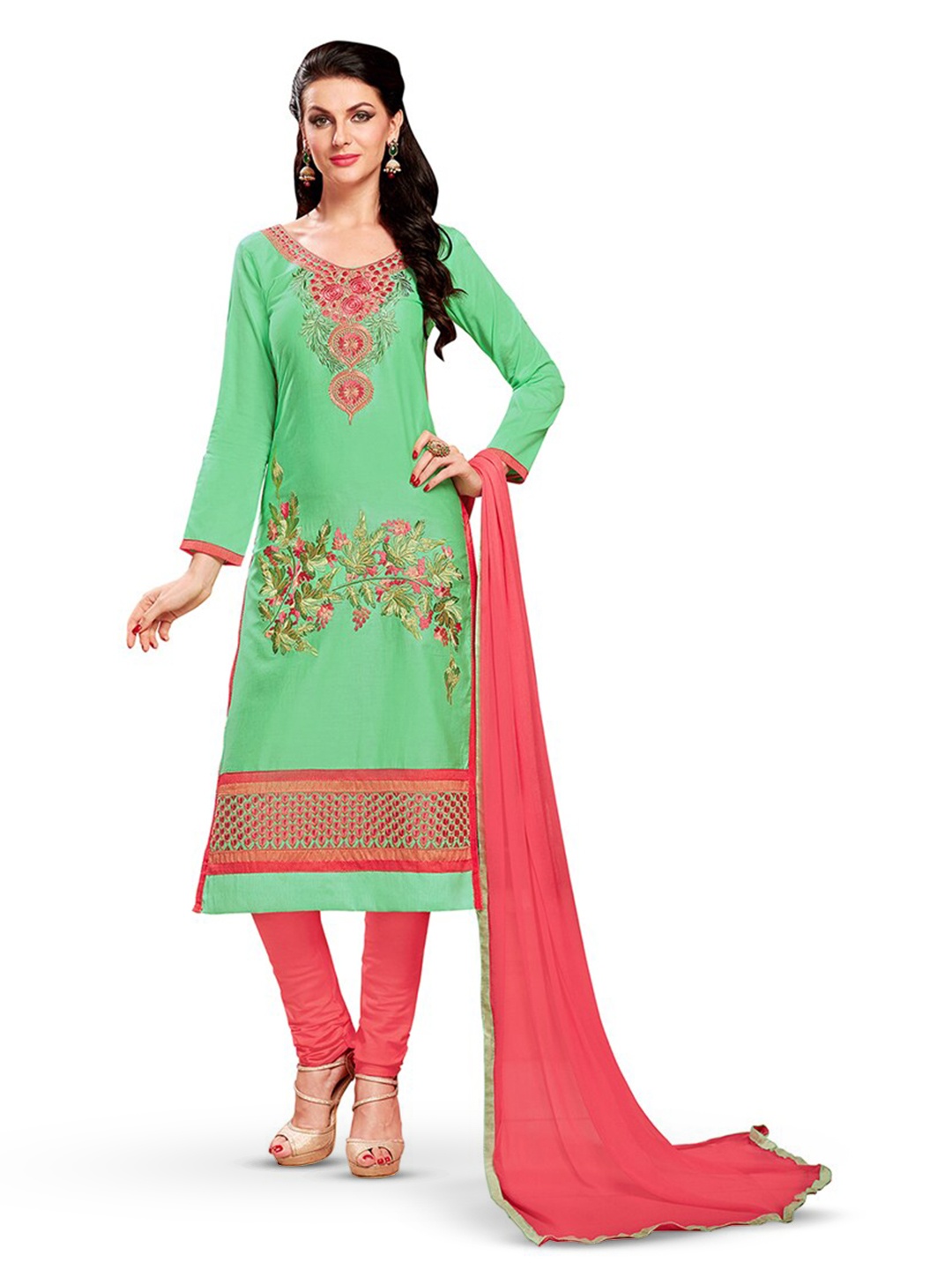 

MANVAA Ethnic Motifs Embroidered Unstitched Dress Material, Green
