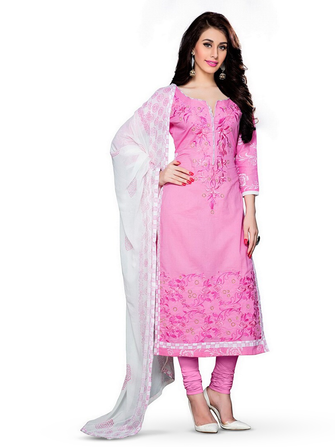 MANVAA Floral Embroidered Unstitched Dress Material, Pink