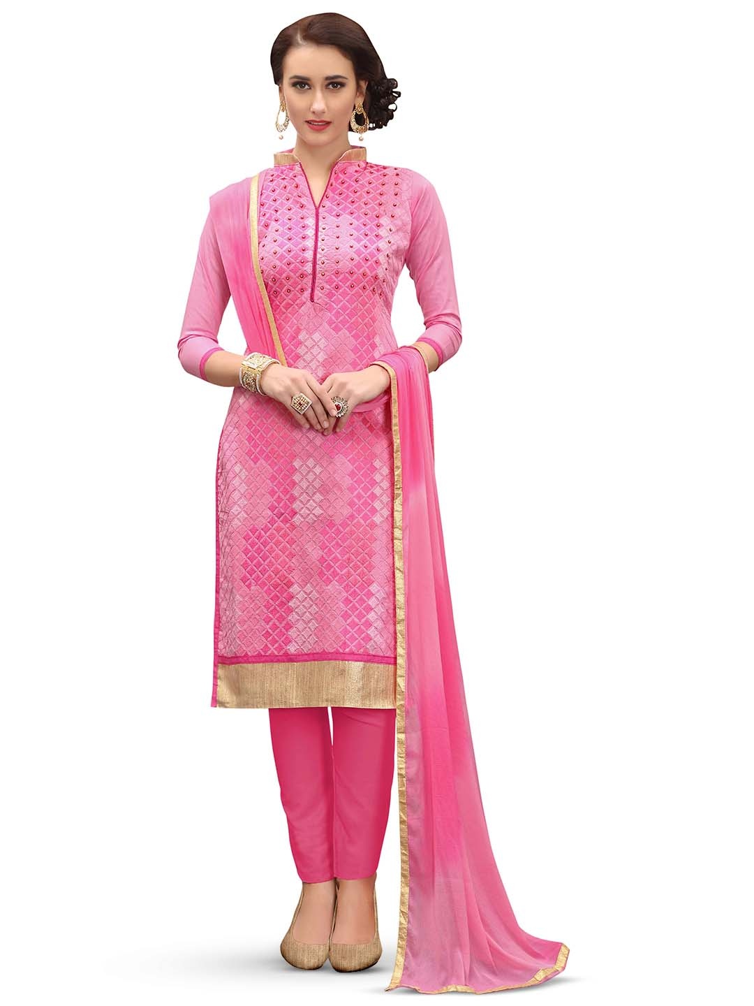 

MANVAA Geometric Embroidered Sequinned Unstitched Dress Material, Pink