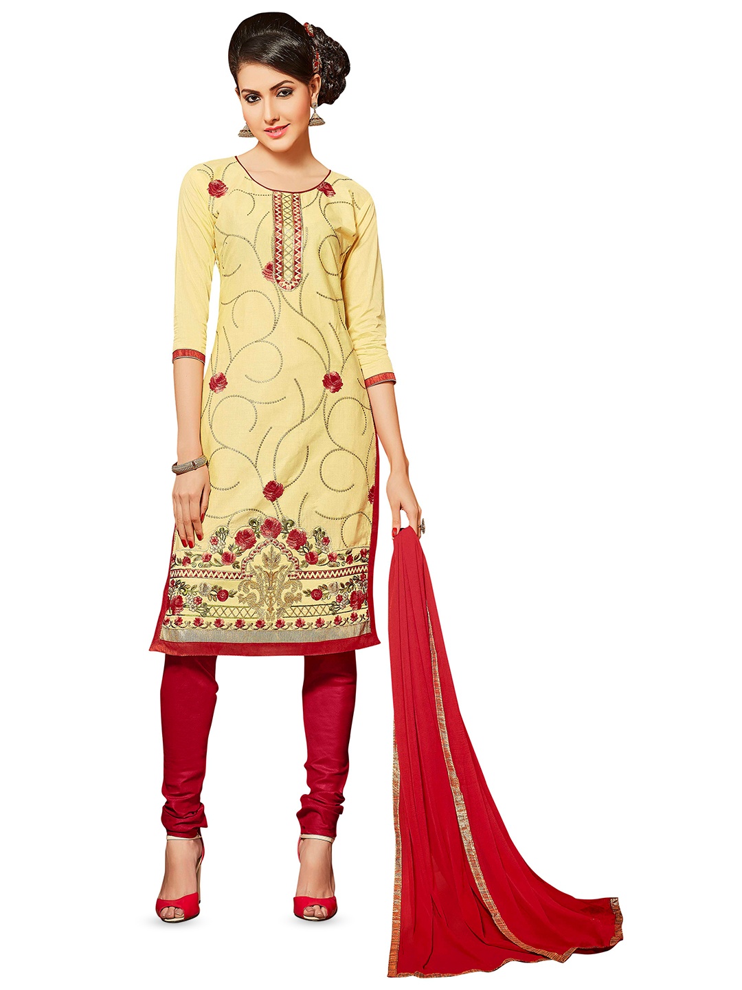 

MANVAA Floral Embroidered Unstitched Dress Material, Beige