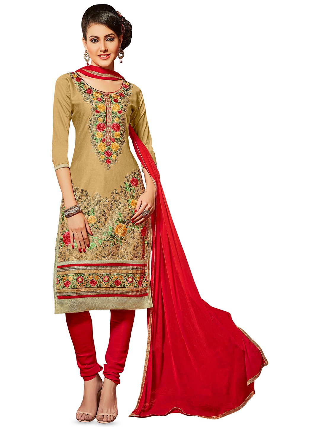 

MANVAA Floral Embroidered Unstitched Dress Material, Beige