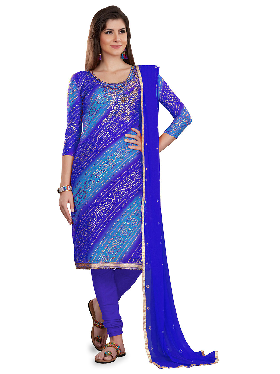 

MANVAA Bandhani Printed Bead Work Unstitched Dress Material, Blue