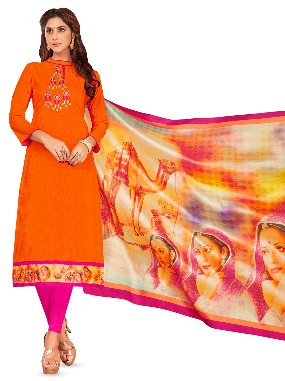 

MANVAA Ethnic Motifs Embroidered Unstitched Dress Material, Orange