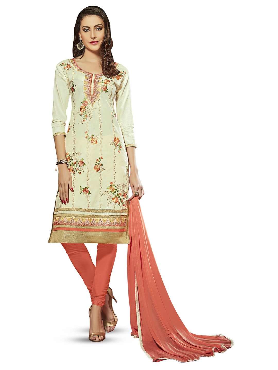 

MANVAA Floral Embroidered Unstitched Dress Material, Cream