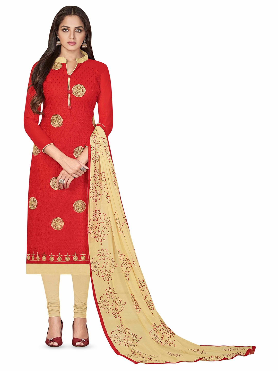 

MANVAA Ethnic Motifs Embroidered Pure Cotton Unstitched Dress Material, Red