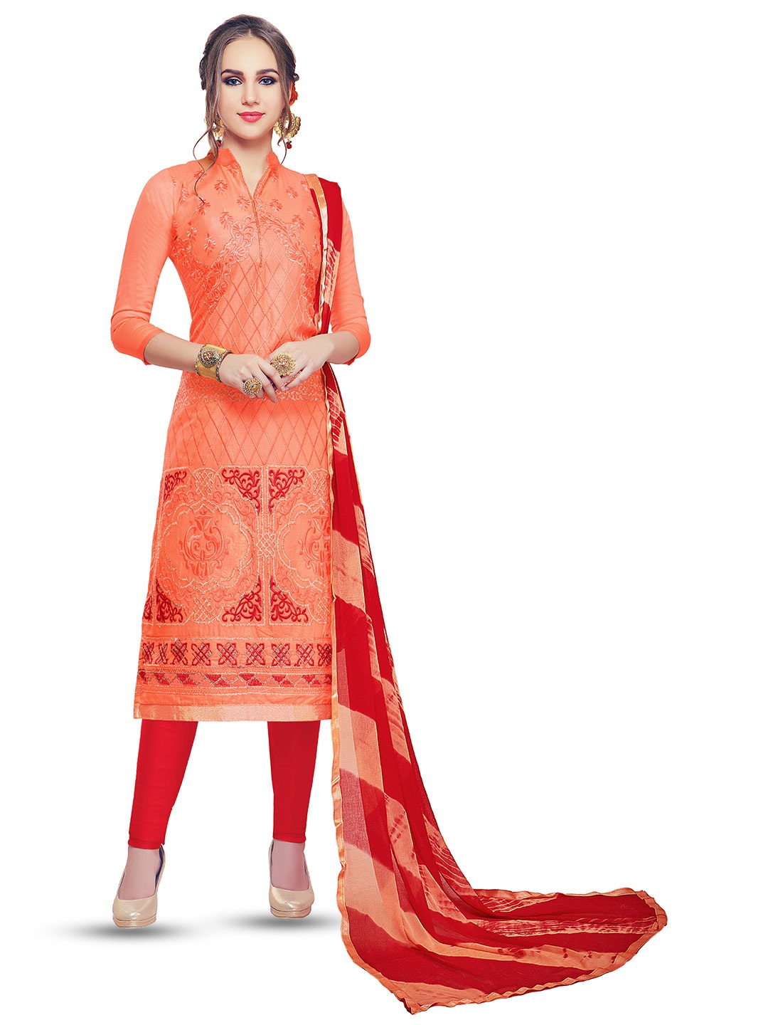 

MANVAA Ethnic Motif Embroidered Unstitched Dress Material, Peach