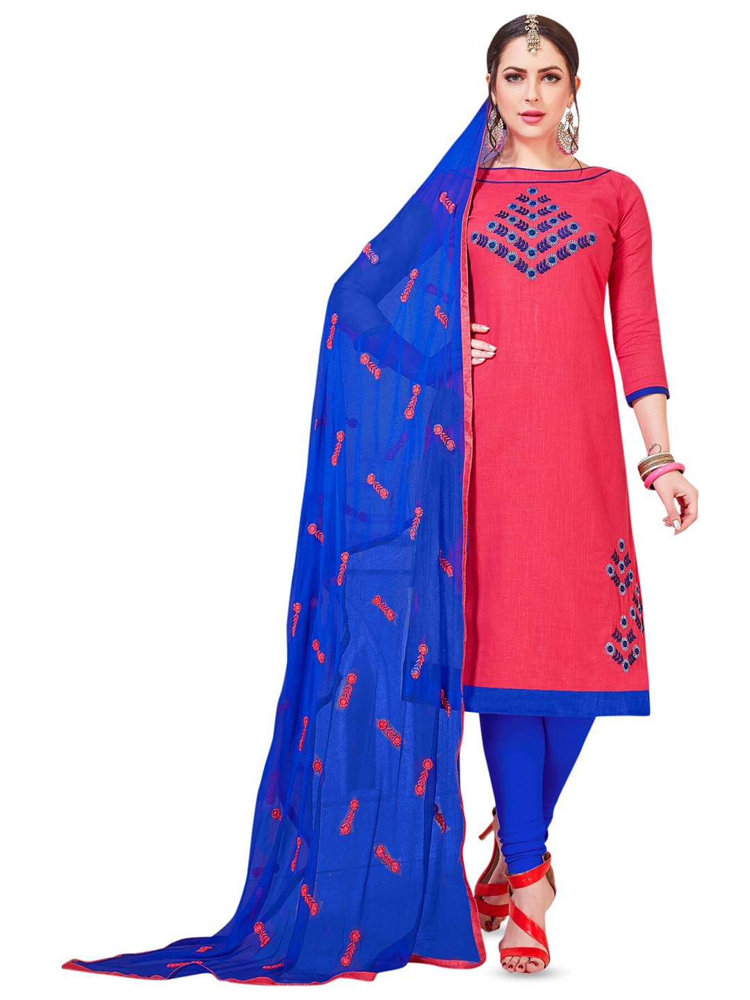 MANVAA Floral Embroidered Unstitched Dress Material, Pink