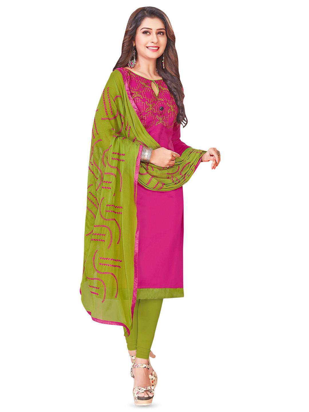

MANVAA Floral Embroidered Unstitched Dress Material, Pink