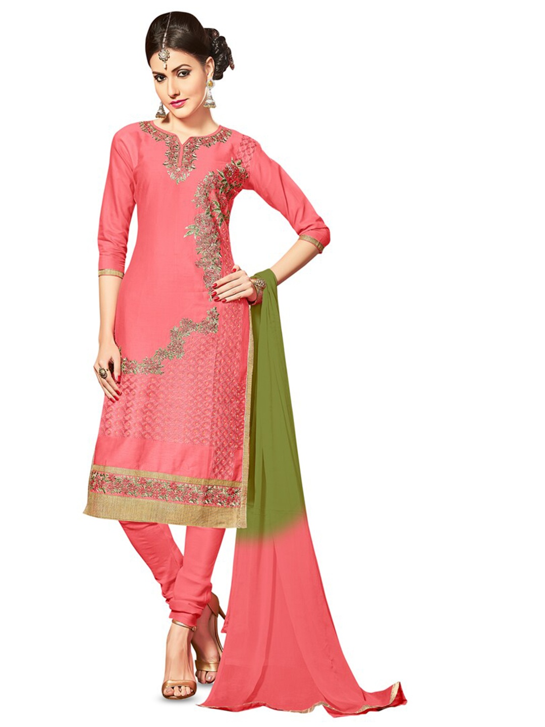 

MANVAA Floral Embroidered Unstitched Dress Material, Peach