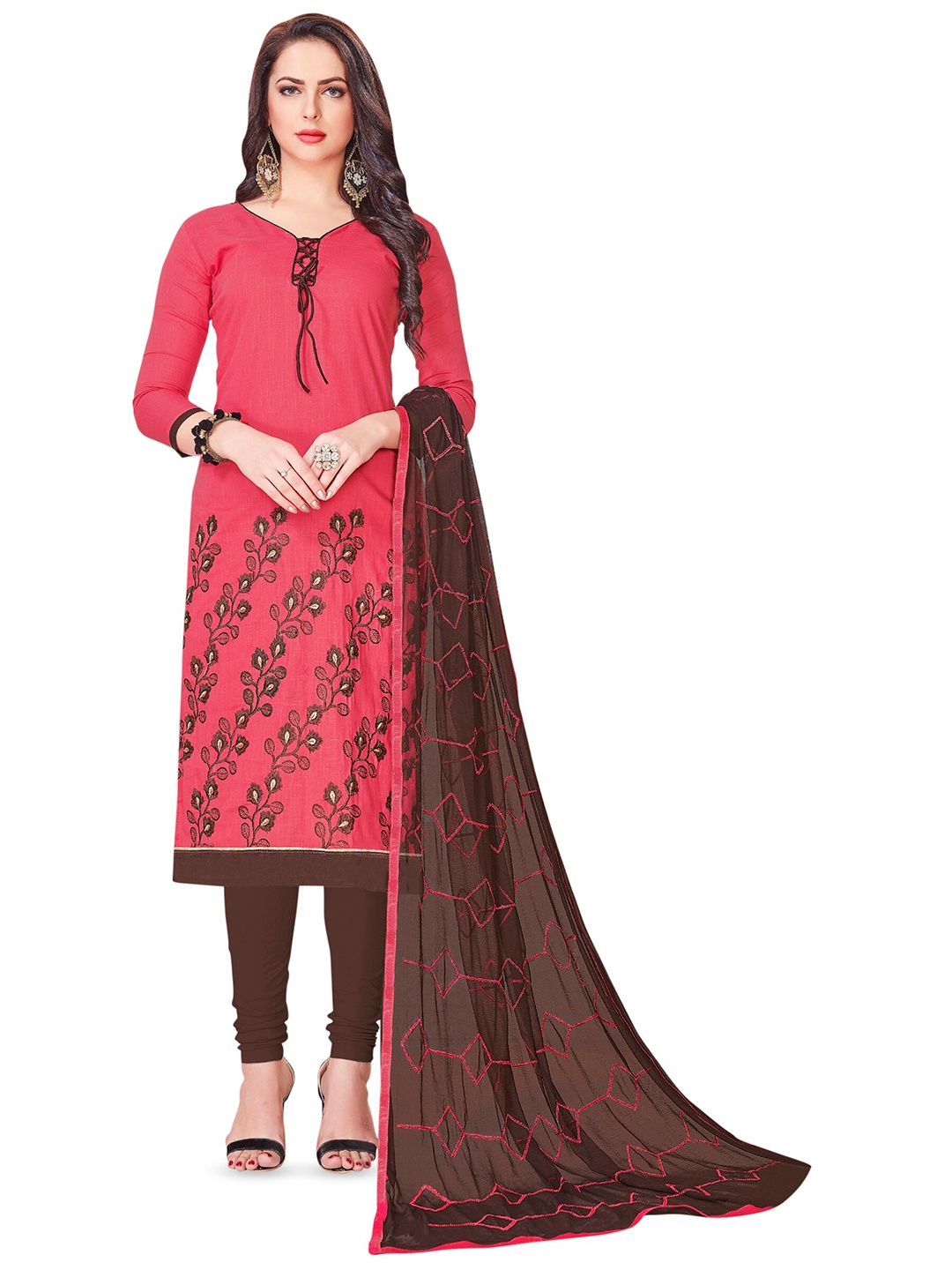 

MANVAA Floral Embroidered Unstitched Dress Material, Pink