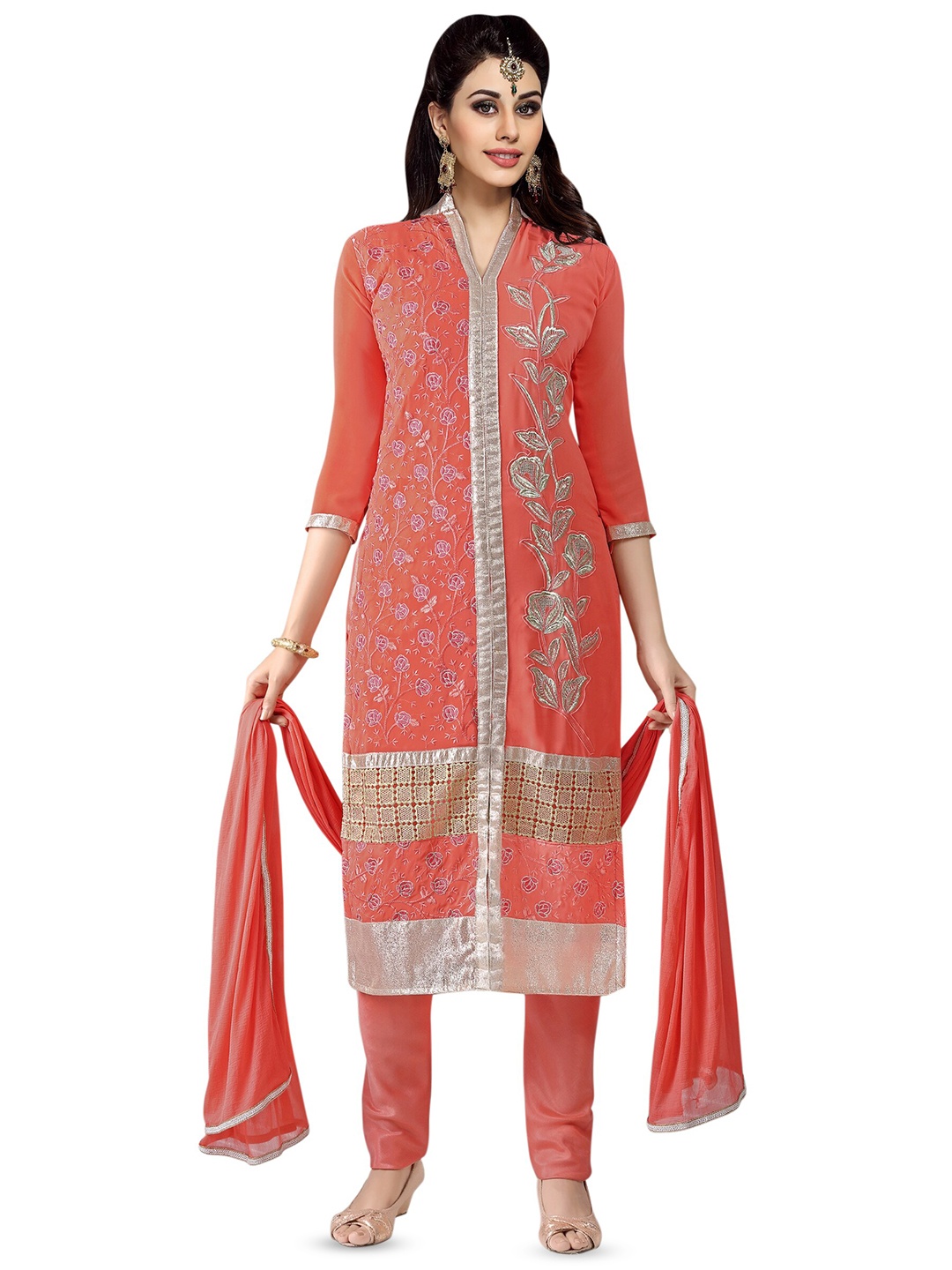 

MANVAA Embellished Silk Georgette Unstitched Dress Material, Orange