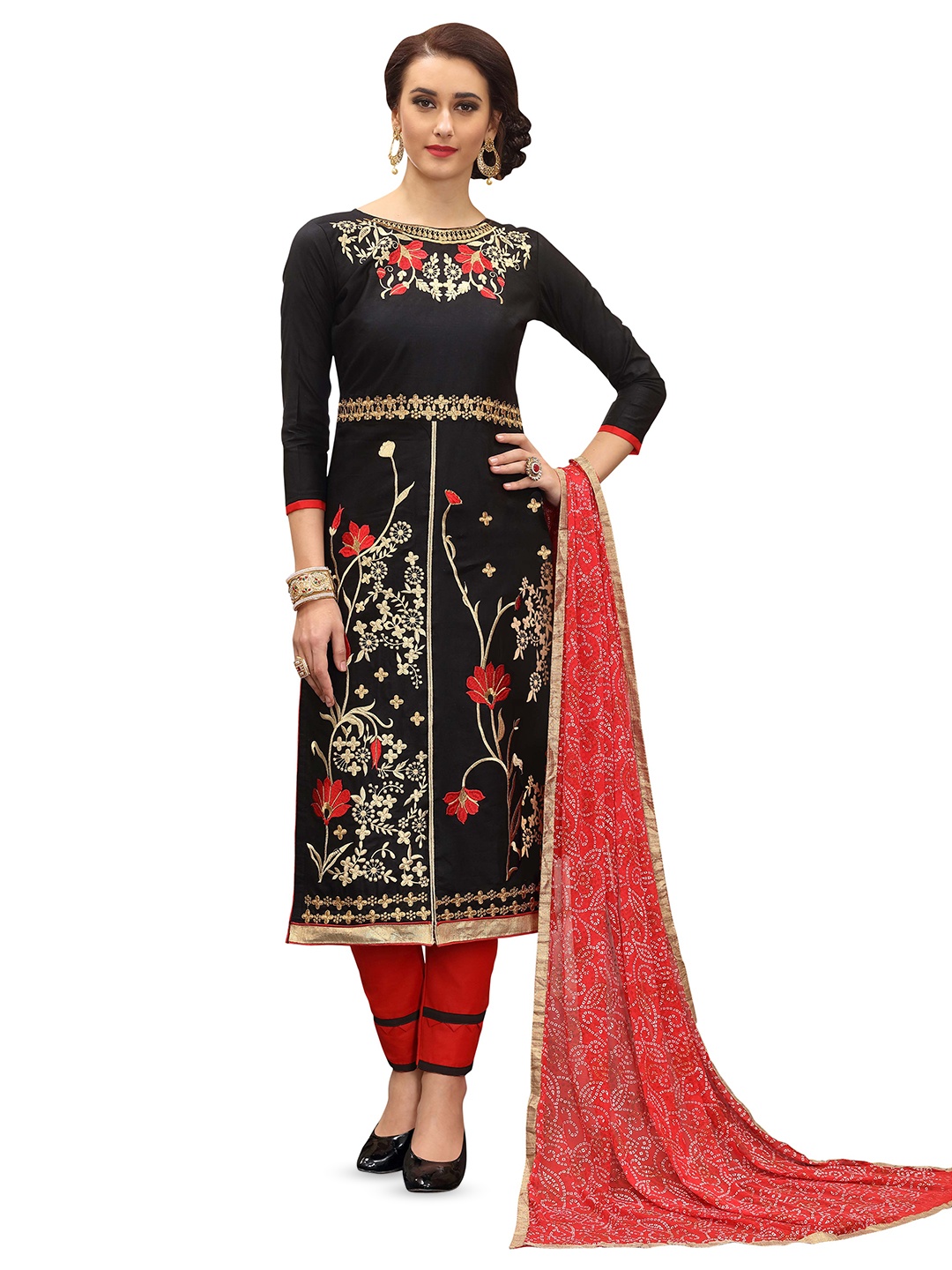 

MANVAA Floral Embroidered Zari Unstitched Dress Material, Black