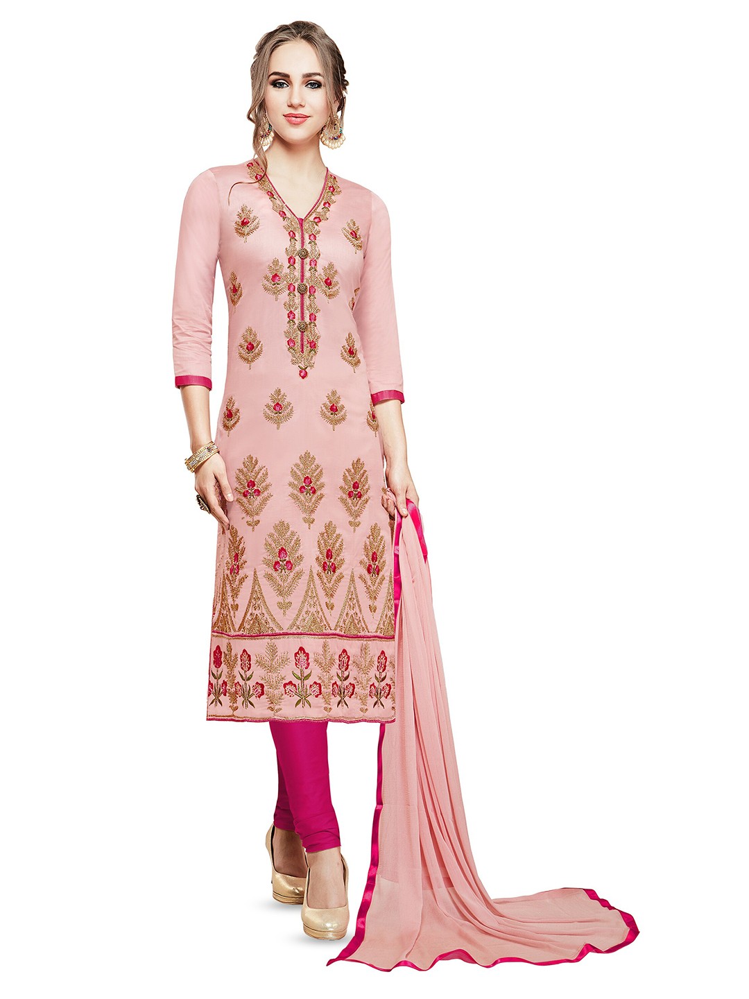 

MANVAA Ethnic Motifs Embroidered Pure Cotton Unstitched Dress Material, Pink