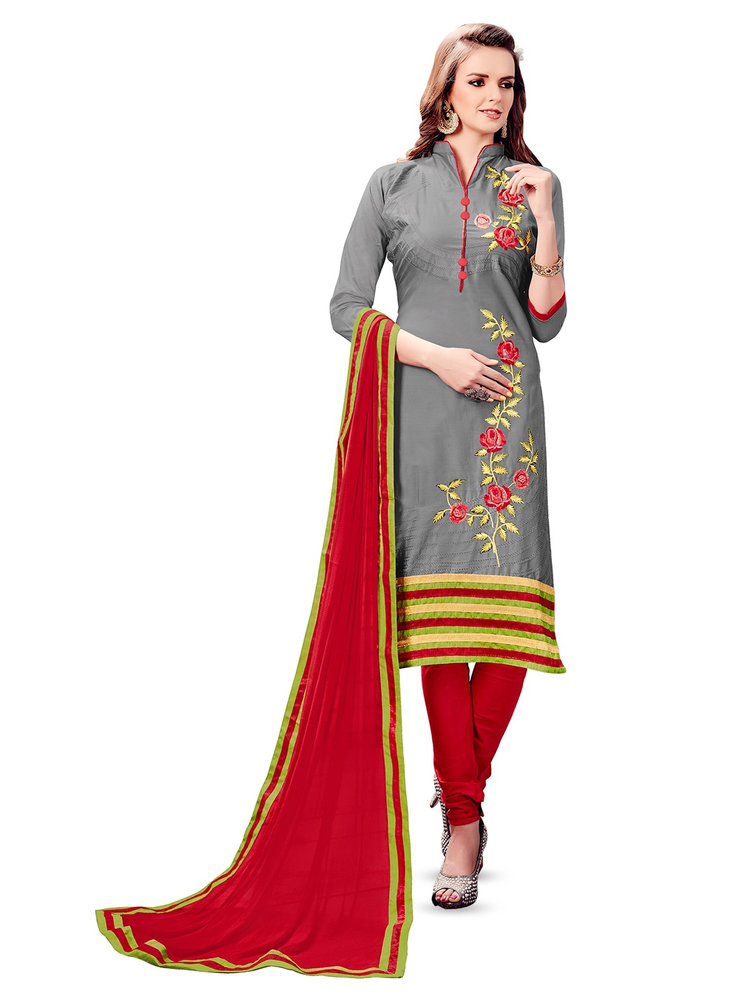 

MANVAA Floral Embroidered Thread Work Unstitched Dress Material, Grey