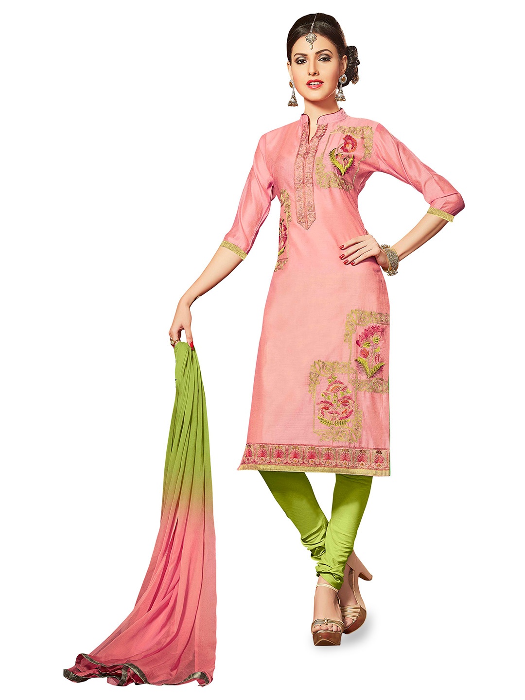 MANVAA Floral Embroidered Thread Work Unstitched Dress Material, Pink