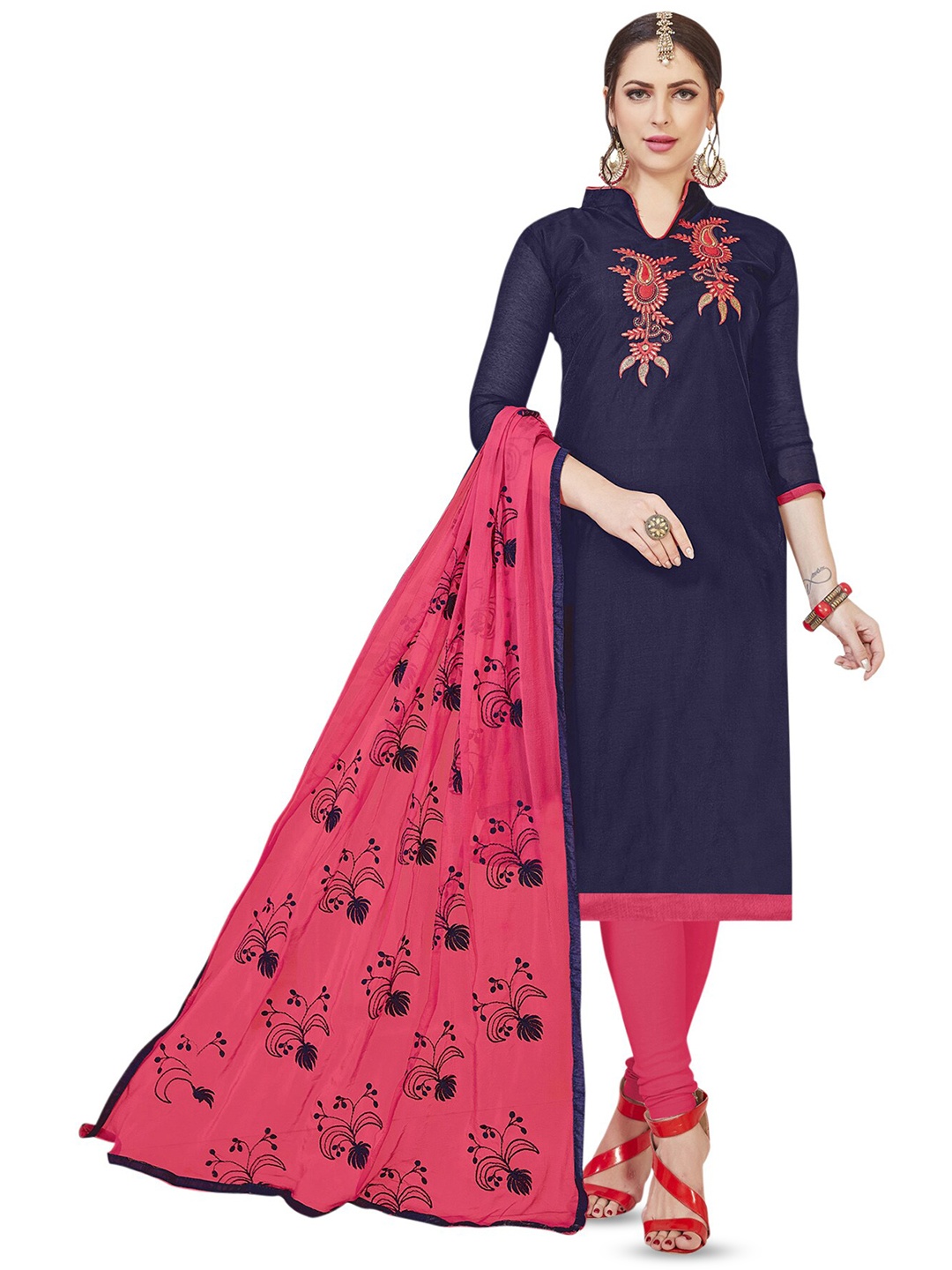 

MANVAA Floral Embroidered Thread Work Unstitched Dress Material, Blue