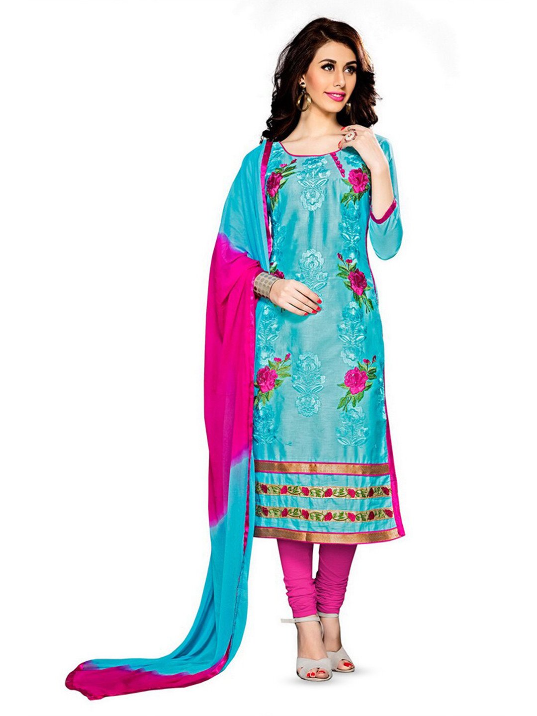 

MANVAA Floral Embroidered Thread Work Unstitched Dress Material, Blue