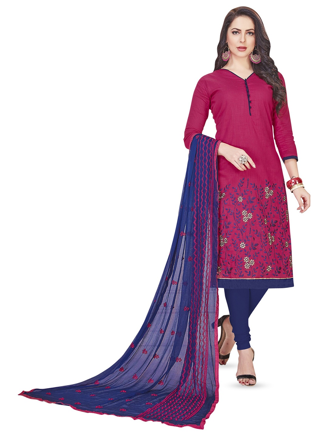 

MANVAA Floral Embroidered Thread Work Unstitched Dress Material, Pink