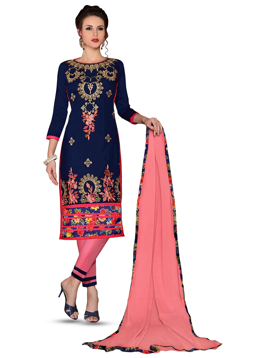 MANVAA Floral Embroidered Unstitched Dress Material, Blue