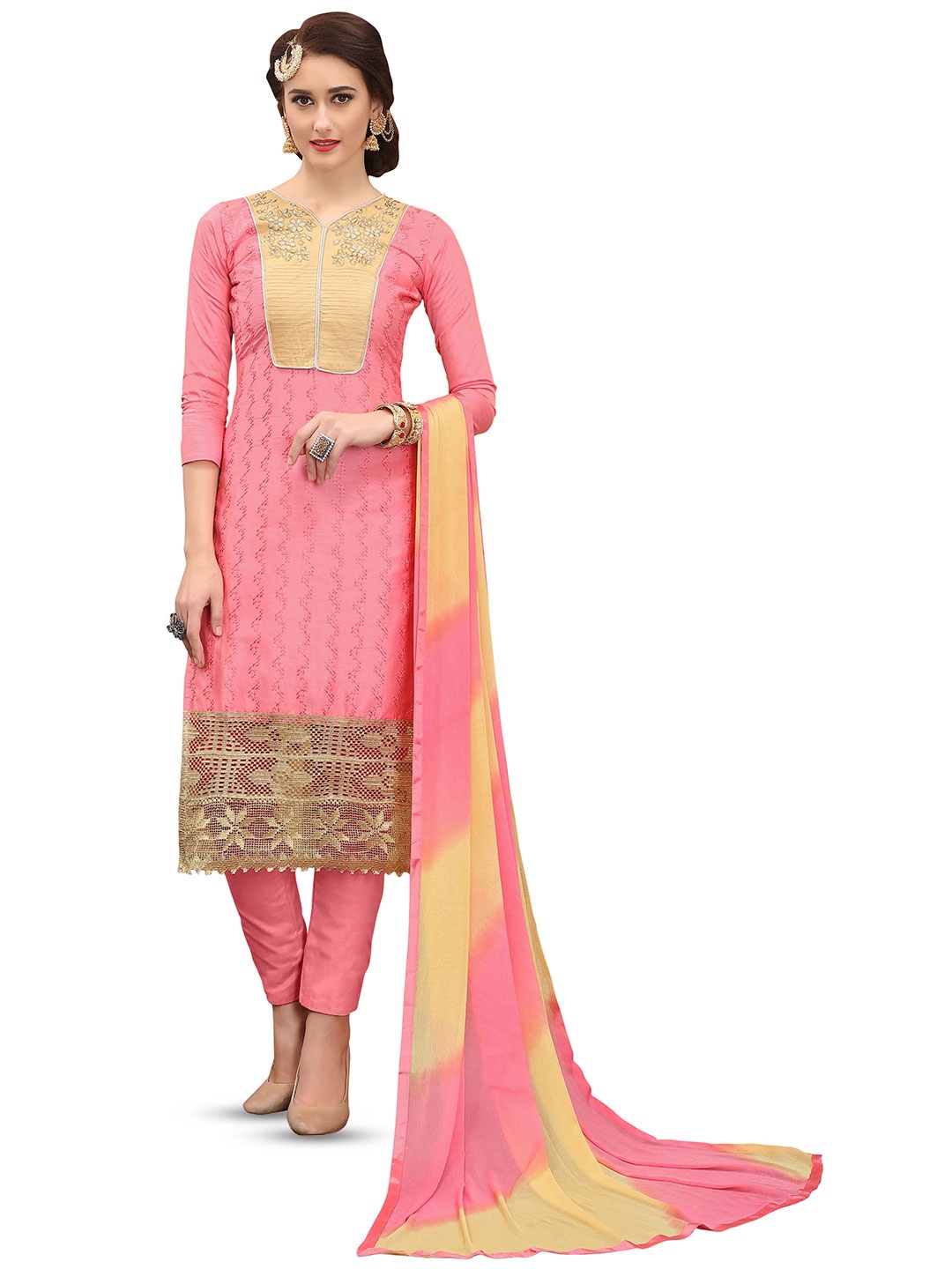 

MANVAA Ethnic Motifs Embroidered Unstitched Dress Material, Peach