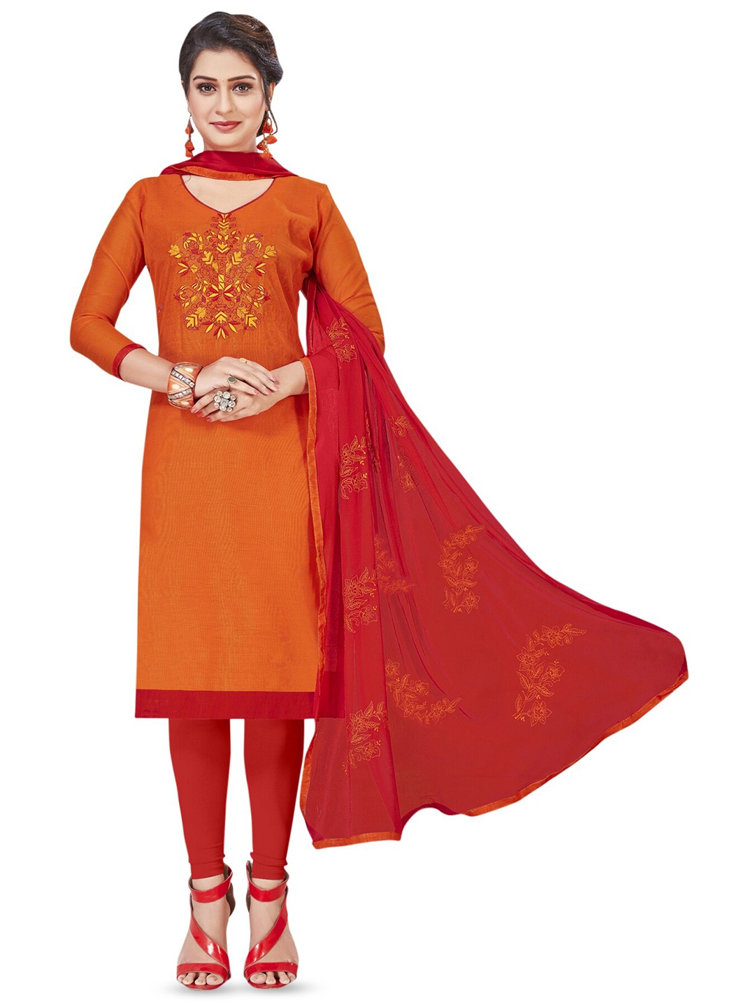 MANVAA Floral Embroidered Unstitched Dress Material, Orange