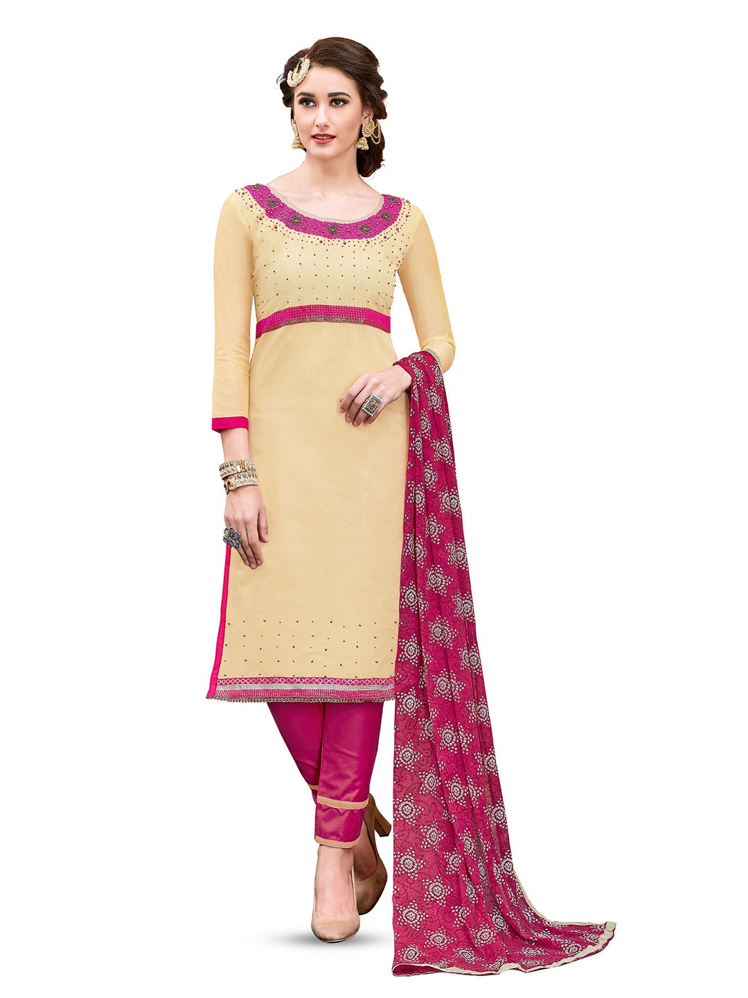 MANVAA Bandhani Embroidered Unstitched Dress Material, Beige