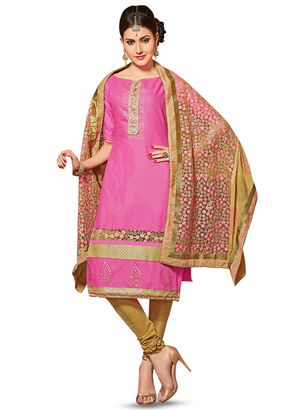 

MANVAA Floral Embroidered Unstitched Dress Material, Pink