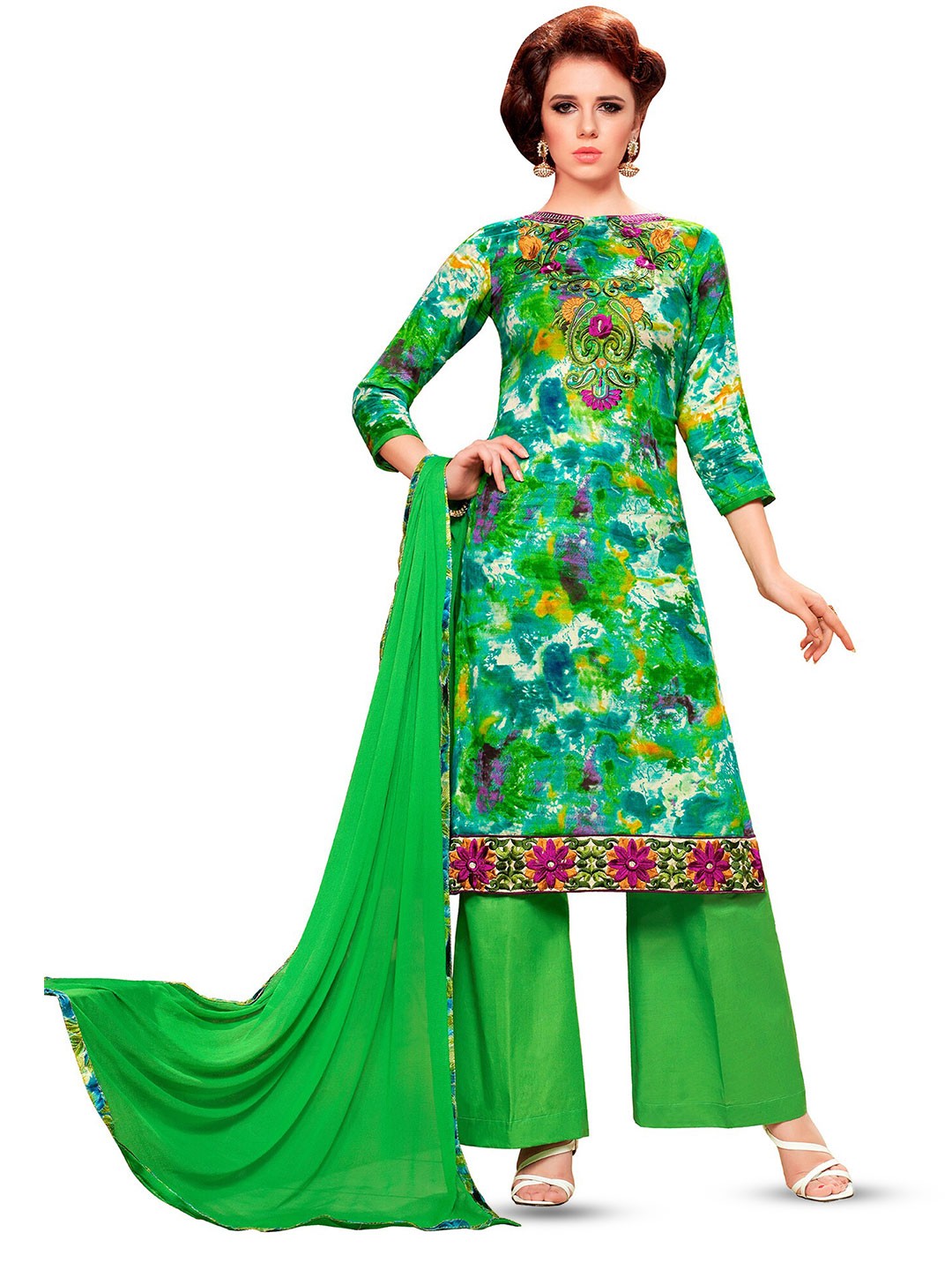 

MANVAA Floral Embroidered Unstitched Dress Material, Green