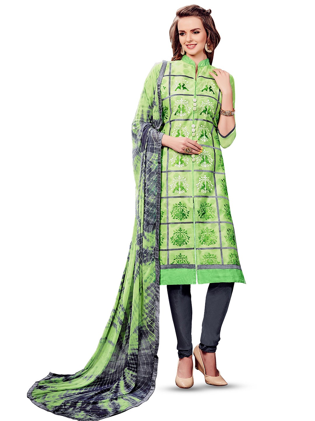 

MANVAA Floral Embroidered Unstitched Dress Material, Green