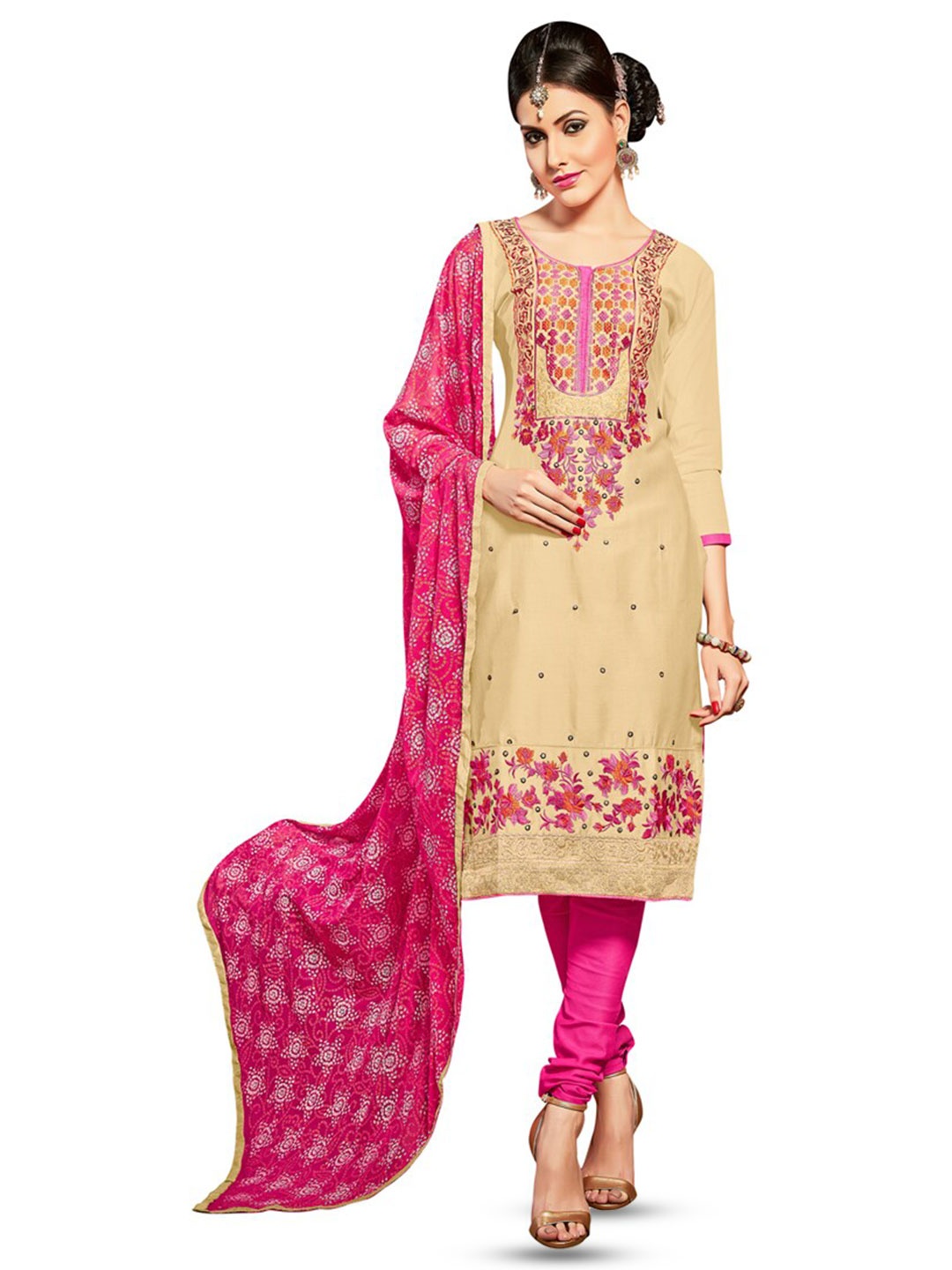 MANVAA Ethnic Motifs Embroidered Unstitched Dress Material, Beige