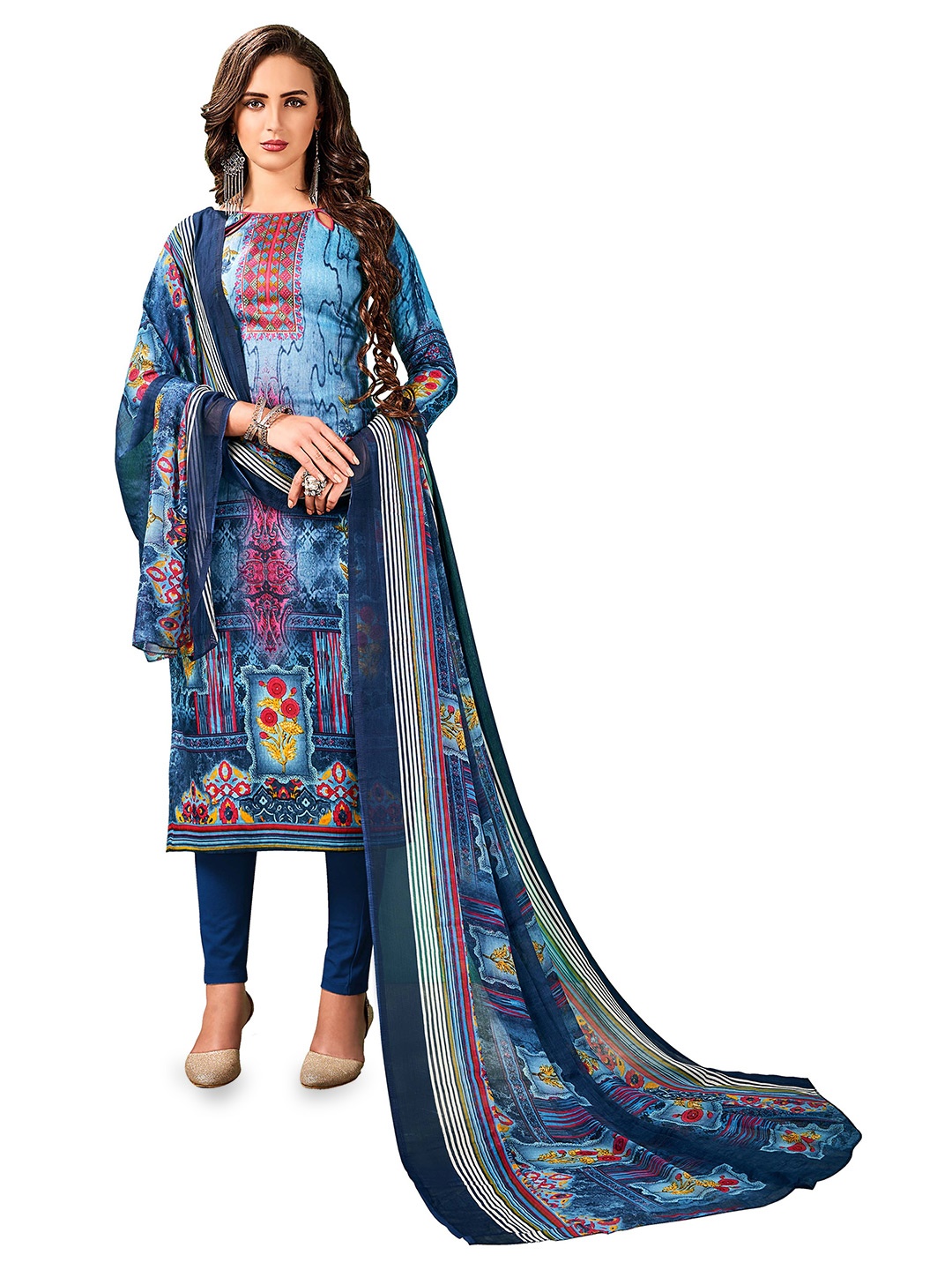 

MANVAA Printed Unstitched Dress Material, Blue