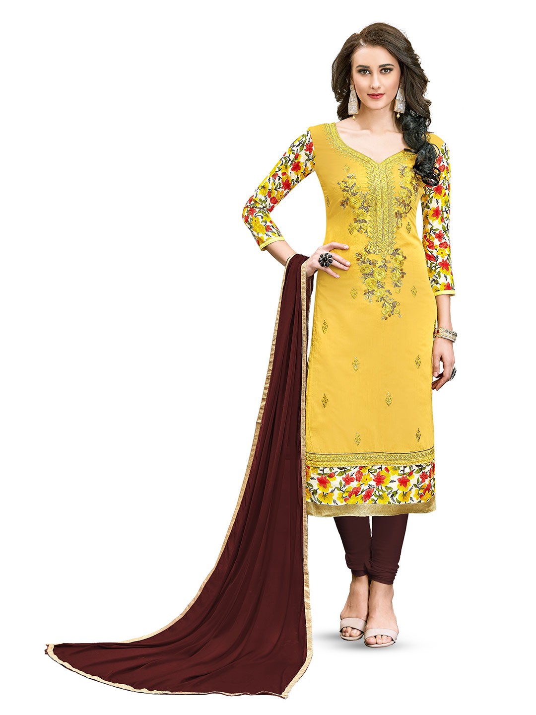 

MANVAA Ethnic Motifs Embroidered Unstitched Dress Material, Yellow