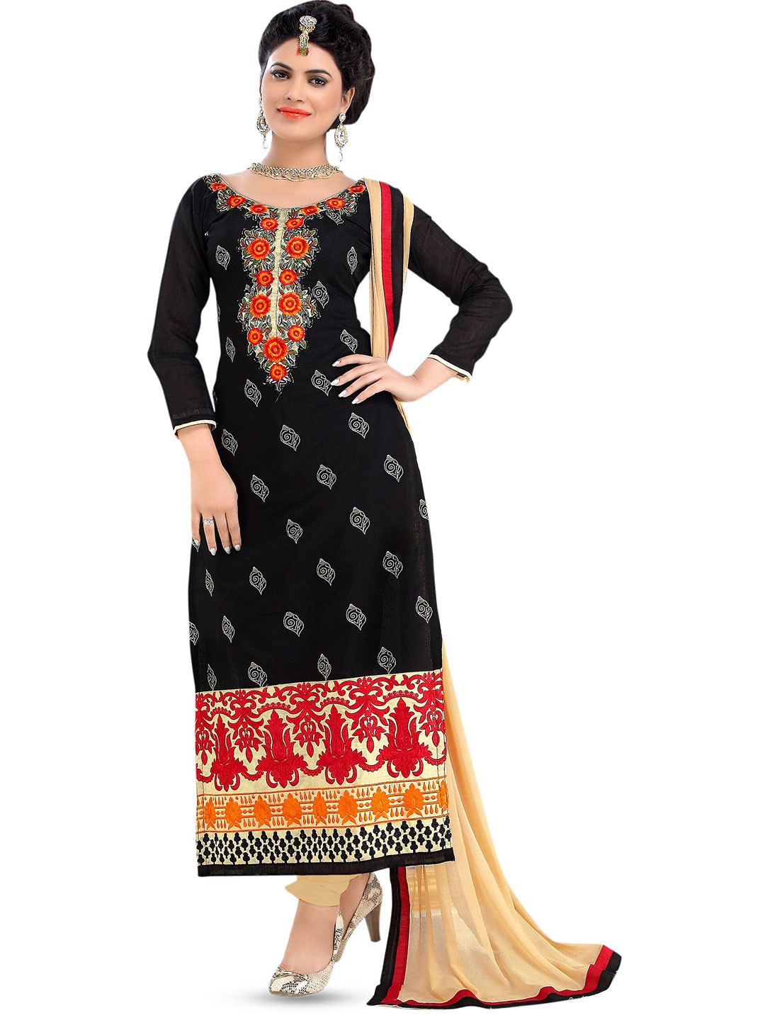 

MANVAA Ethnic Motifs Embroidered Unstitched Dress Material, Black