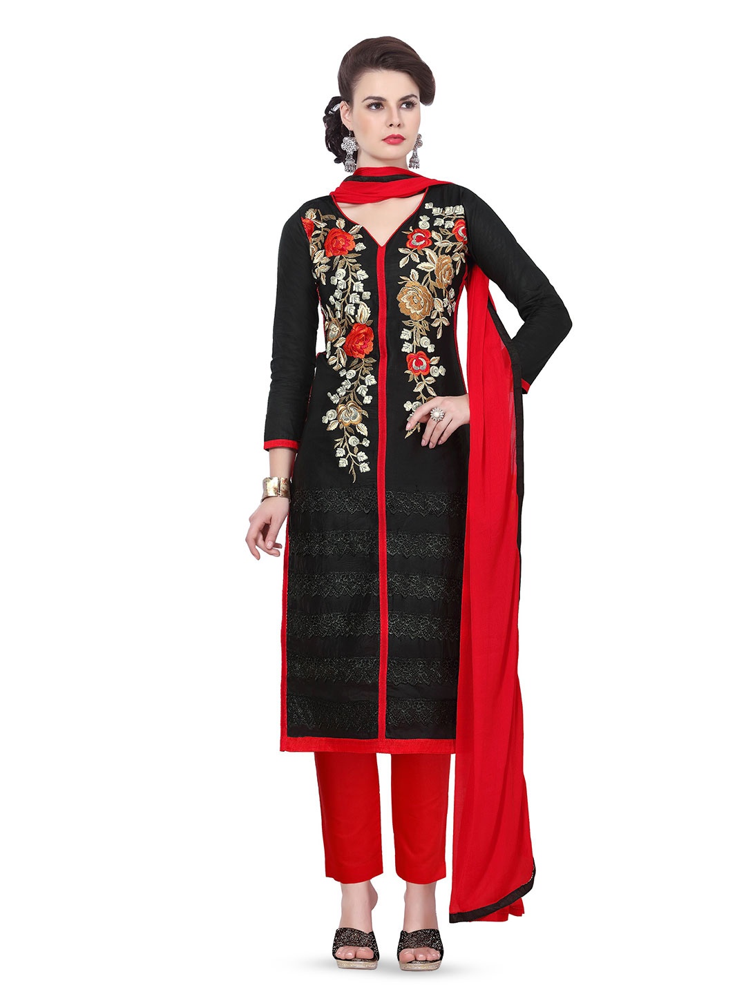 

MANVAA Floral Embroidered Unstitched Dress Material, Black