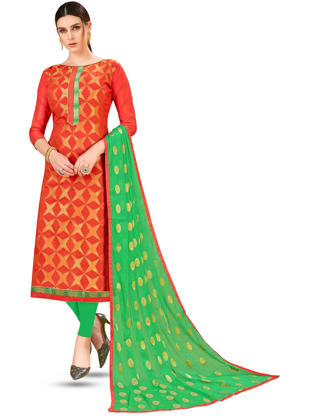 

MANVAA Ethnic Motifs Woven Design Pure Silk Unstitched Dress Material, Orange