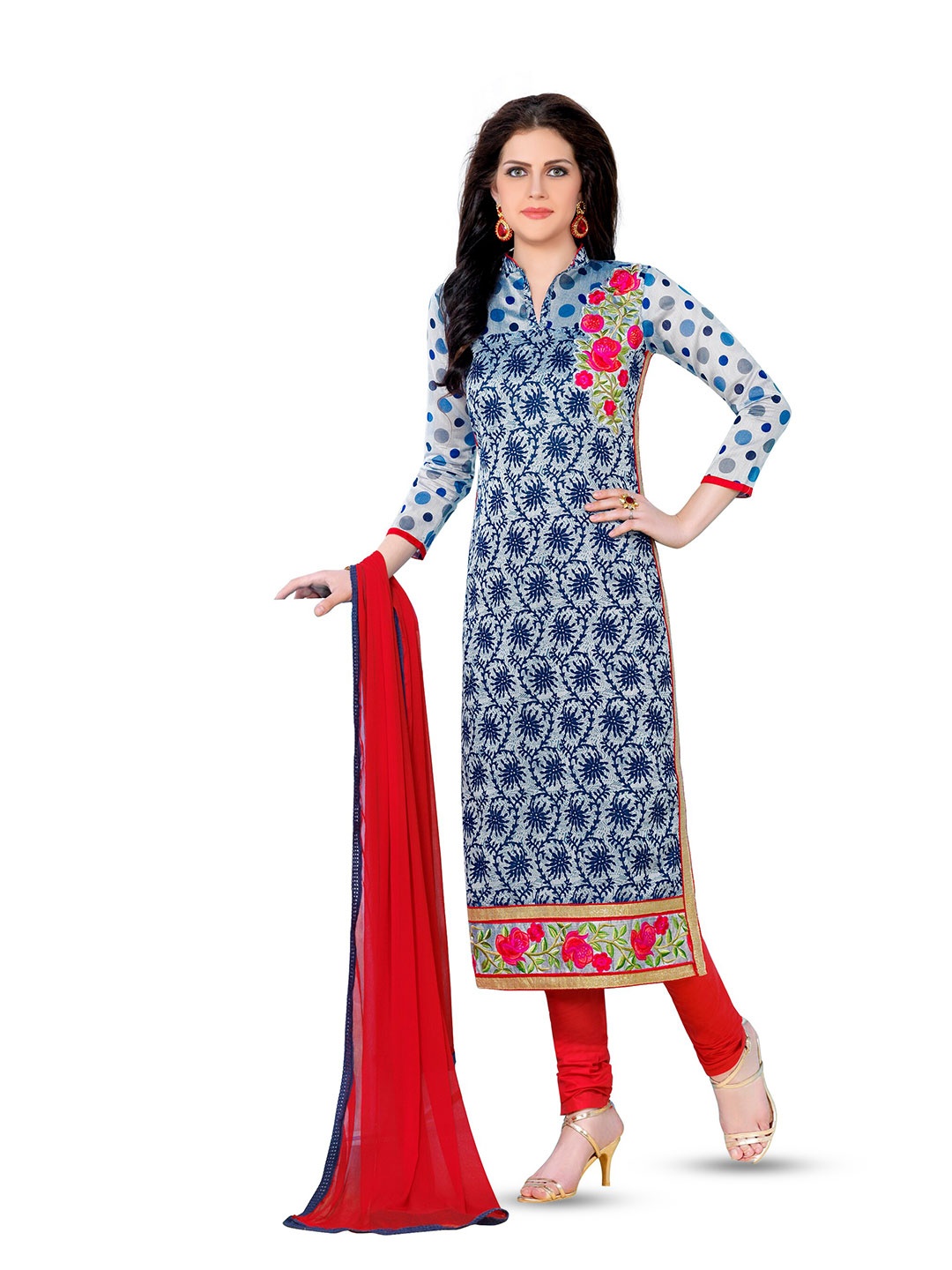 

MANVAA Floral Embroidered Unstitched Dress Material, Blue