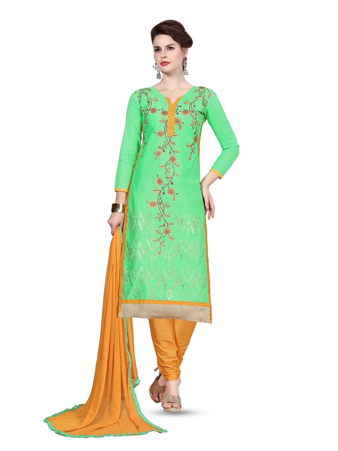 

MANVAA Floral Embroidered Unstitched Dress Material, Green