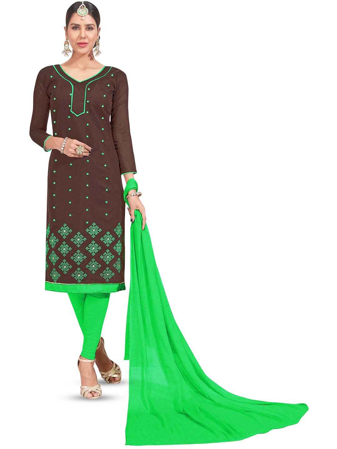 

MANVAA Embroidered Unstitched Dress Material, Brown