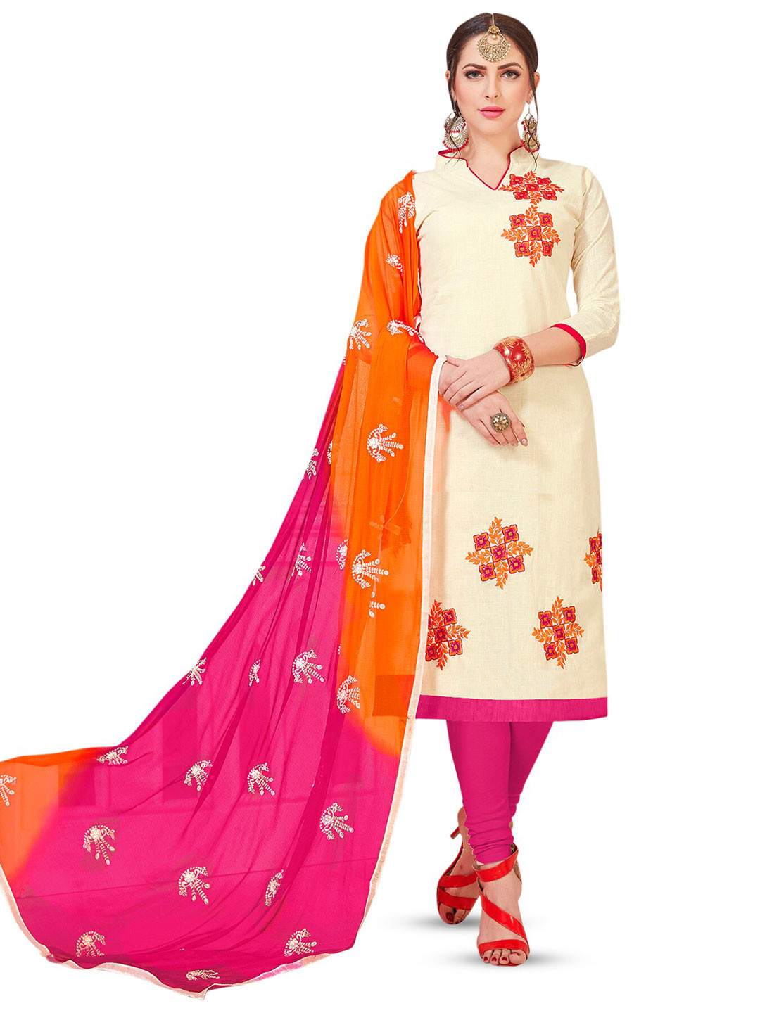 

MANVAA Floral Embroidered Unstitched Dress Material, Off white