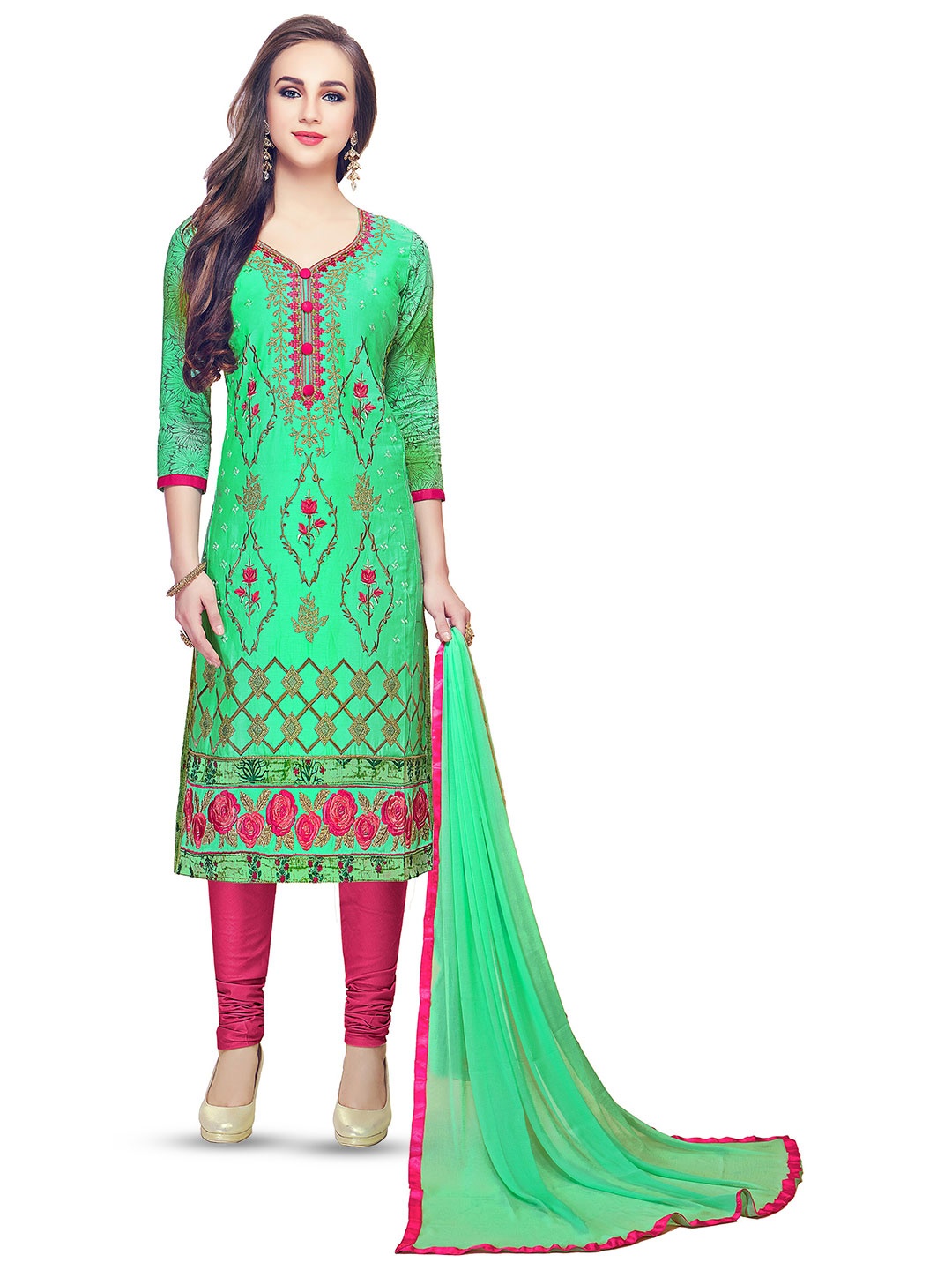 

MANVAA Ethnic Motifs Embroidered Unstitched Dress Material, Green