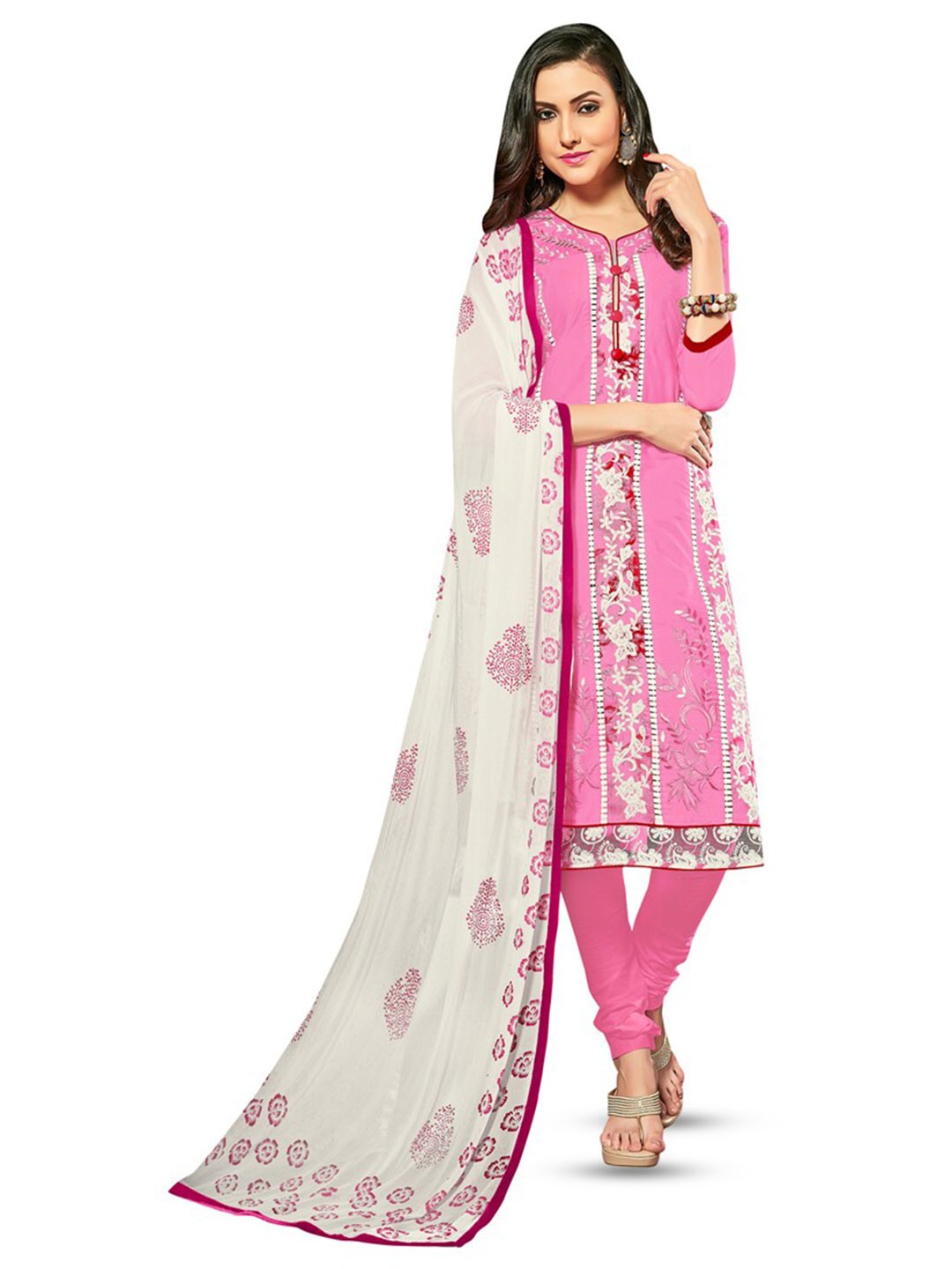 

MANVAA Ethnic Motifs Embroidered Unstitched Dress Material, Pink