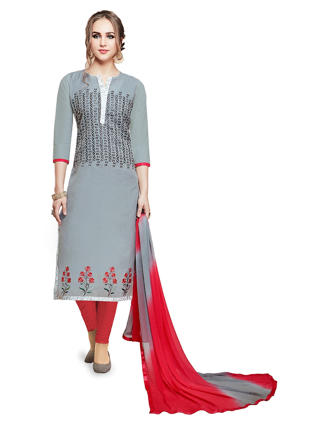 

MANVAA Ethnic Motifs Embroidered Thread Work Pure Cotton Unstitched Dress Material, Grey